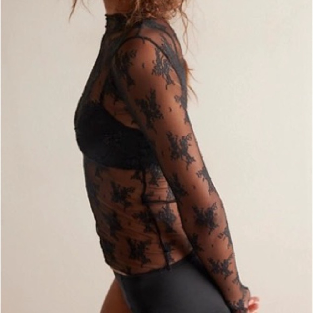 Free People Black Sheer Lace Blouse